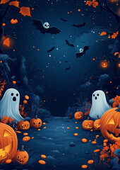 Halloween background with glowing pumpkins in a spooky dark
