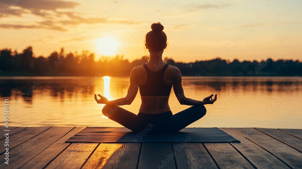 Poster a peaceful yoga session by a lake at sunrise symbolizing mental clarity relaxation and inner growth 