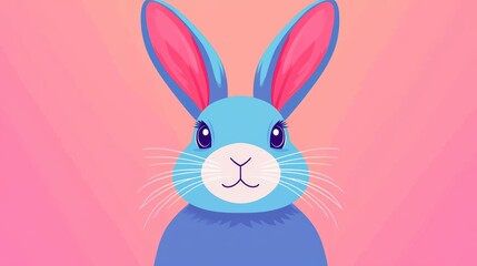 Cute blue rabbit with large ears and expressive eyes against soft pink background, perfect for childrens themes and illustrations. 