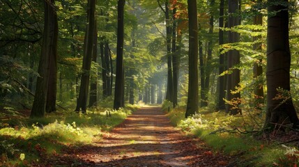 Obraz premium A peaceful forest pathway surrounded by tall trees, dappled sunlight dancing on the ground, and a thick layer of fallen leaves.