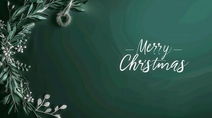 Elegant Christmas banner, emerald green background, "Merry Christmas" in silver, tiny wreath, ample copy space. 