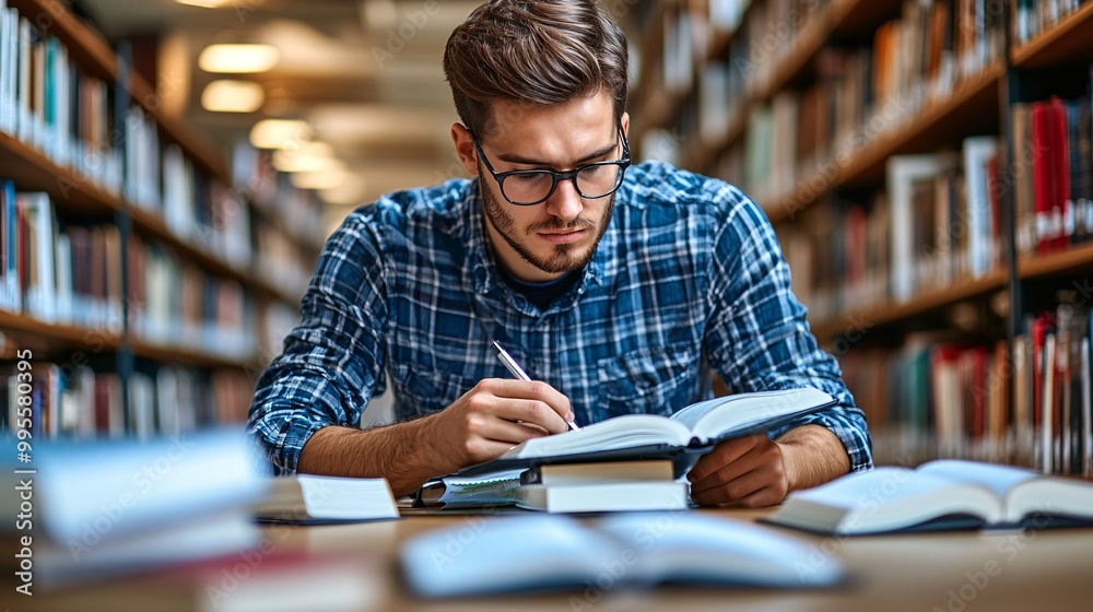 Poster A person focused on learning in a library environment surrounded by books and notes symbolizing dedication to self-education and growth Large space for text in center Stock Photo with copy space