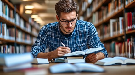 A person focused on learning in a library environment surrounded by books and notes symbolizing dedication to self-education and growth Large space for text in center Stock Photo with copy space
