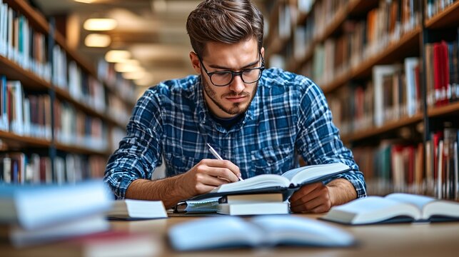 A person focused on learning in a library environment surrounded by books and notes symbolizing dedication to self-education and growth Large space for text in center Stock Photo with copy space