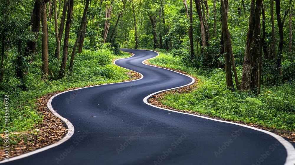 Poster a winding road disappearing into a forested landscape symbolizing the ongoing journey toward achievi
