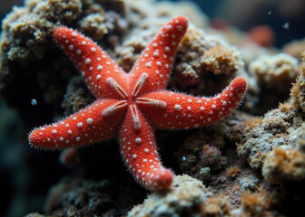 "Close-Up of Red Starfish on Coral Reef in Vibrant Underwater Scene with Tropical Fish &ndash; Marine Life and Ocean Biodiversity"