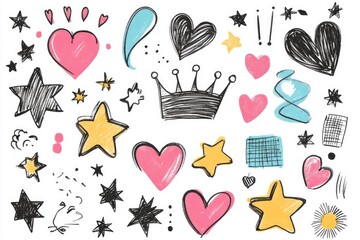 Collection of hand drawn doodle illustrations in childish girly style. Crown, stars, flower, heart on white background . 