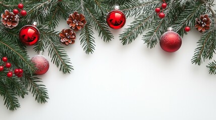 Festive Christmas Decorations with Red Ornaments and Pine Branches on White Background