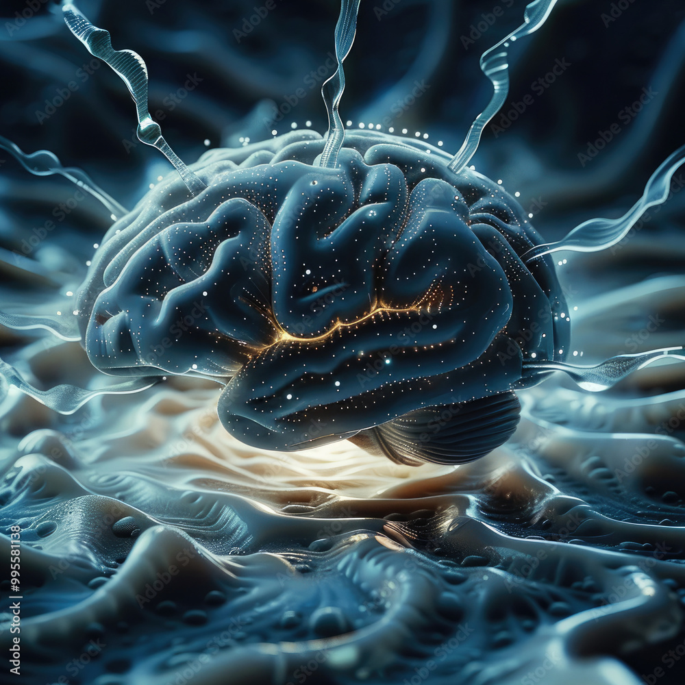 Poster A brain with brain waves visibly radiating from it. make the surrounding environment mysterious and dark. make the brain waves bright to contrast with the background.