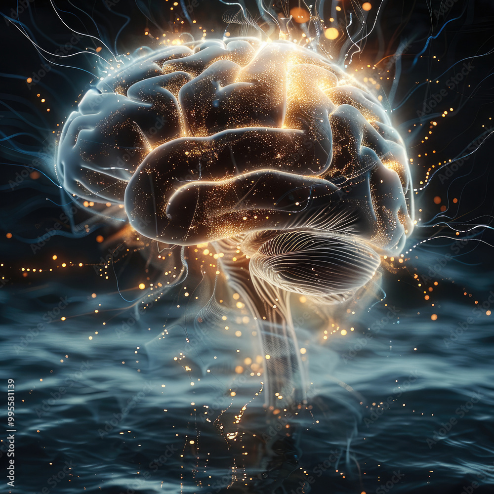 Aufkleber A brain with brain waves visibly radiating from it. make the surrounding environment mysterious and dark. make the brain waves bright to contrast with the background.