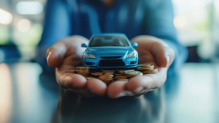 A person holds a small blue car model in one hand and coins in the other, symbolizing the relationship between money and vehicle ownership.