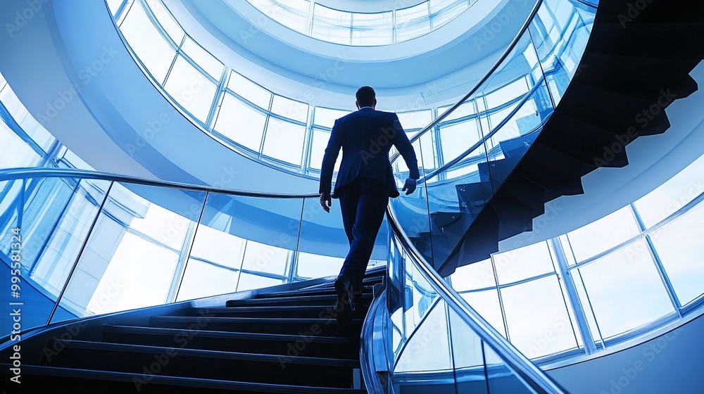 Poster A professional stepping up a staircase in a sleek office building representing goal-setting career progression and steady achievement Large space for text in center Stock Photo with copy space