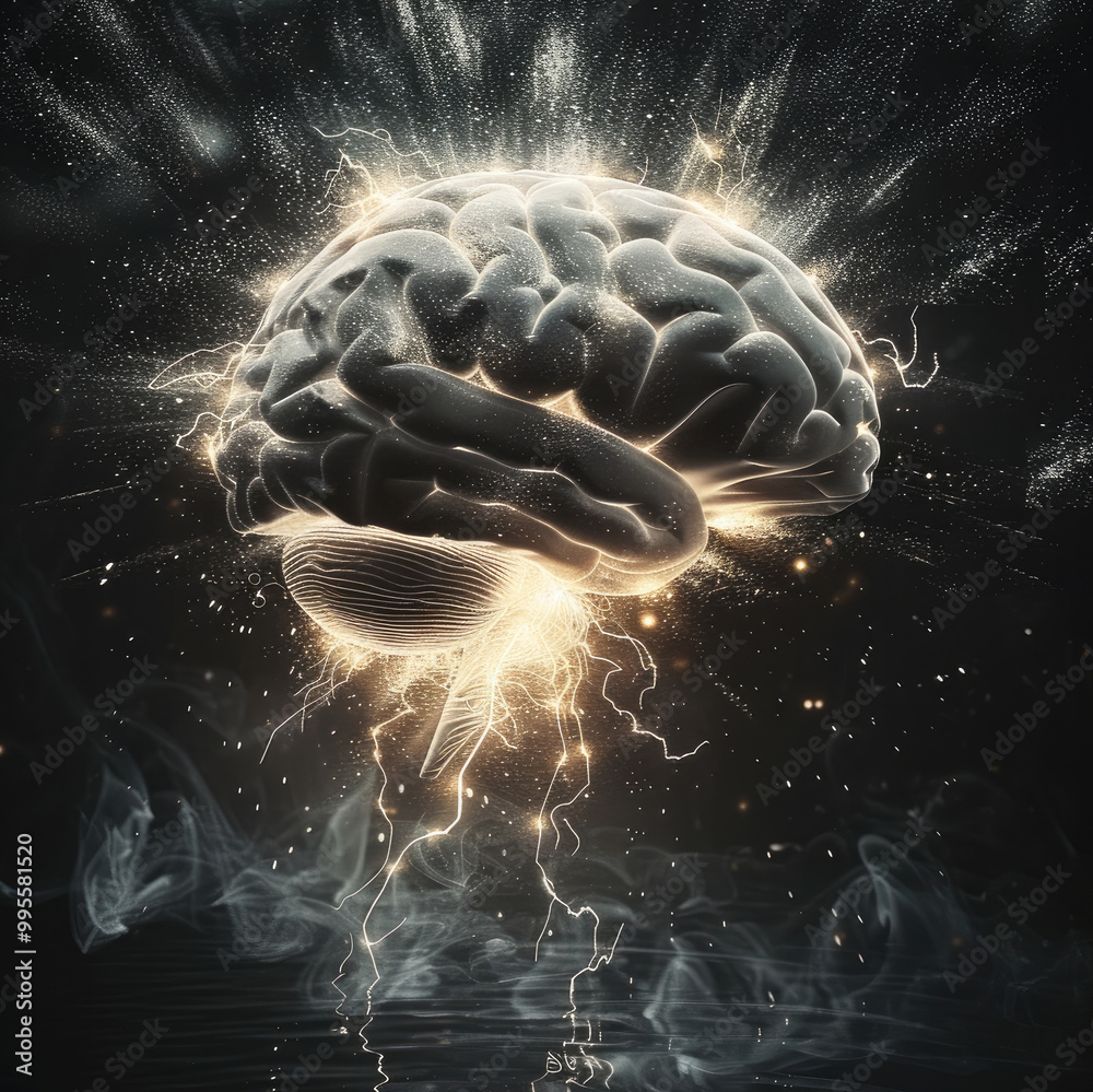 Aufkleber A brain with brain waves visibly radiating from it. make the surrounding environment mysterious and dark. make the brain waves bright to contrast with the background.