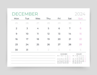 December 2024 year calendar. Planner calender template. Desk monthly organizer. Week starts Monday. Timetable grid. Table schedule layout. Corporate diary. Vector simple illustration. Paper size A5
