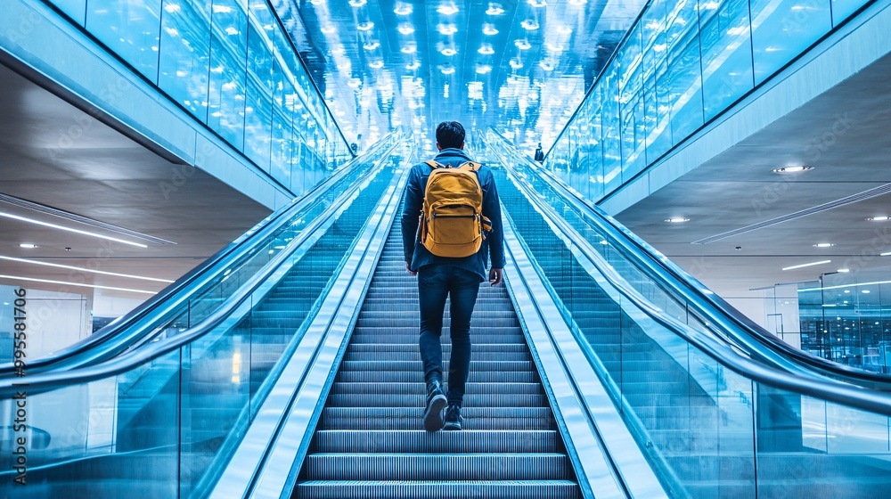 Poster A professional stepping up a staircase in a sleek office building representing goal-setting career progression and steady achievement Large space for text in center Stock Photo with copy space