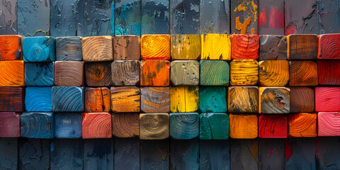 Vibrant Row of Multi-Colored Wooden Blocks on Textured Background
