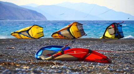 Closeup of kite surfing equipment action on a windy beach