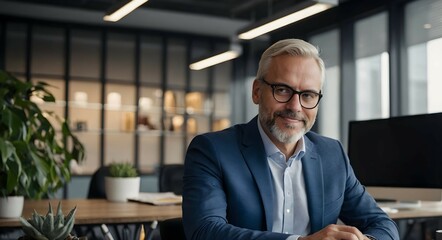 Fototapeta premium Confident CEO Portrait: A mature, successful businessman sits at his desk, exuding confidence and expertise. His warm smile and professional attire convey leadership and trust. 
