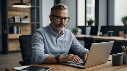 Obraz premium Focused and Determined: A mature businessman, radiating confidence and purpose, intently works on his laptop in a modern office setting.