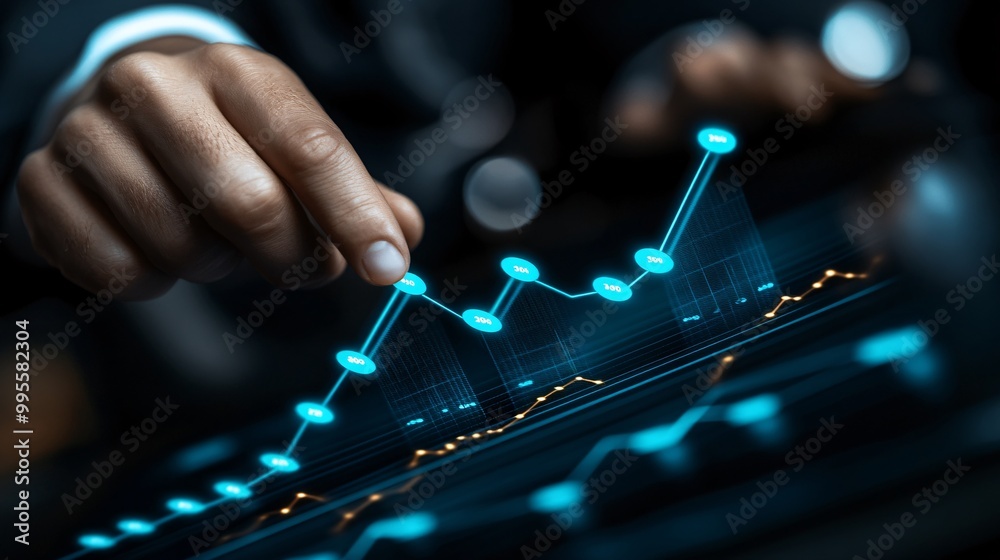 Poster An upward graph with a professional pointing at the highest point symbolizing success in business financial growth and goal achievement Large space for text in center Stock Photo with copy space