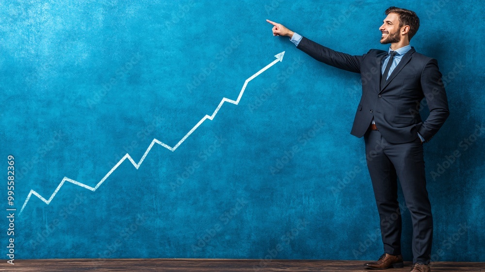 Aufkleber An upward graph with a professional pointing at the highest point symbolizing success in business financial growth and goal achievement Large space for text in center Stock Photo with copy space