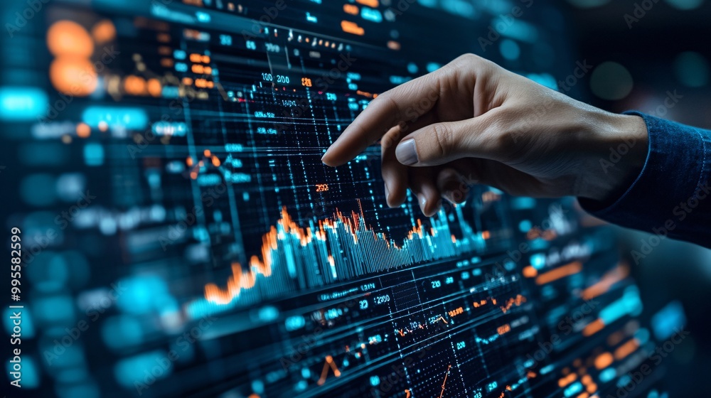 Poster An upward graph with a professional pointing at the highest point symbolizing success in business financial growth and goal achievement Large space for text in center Stock Photo with copy space