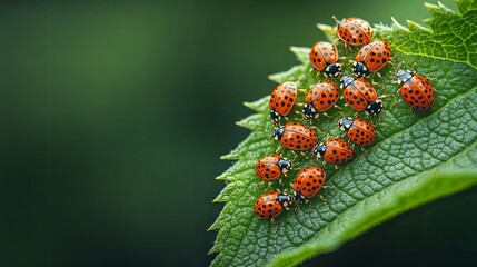A cluster of red ladybugs resting on a single leaf, with a defocused