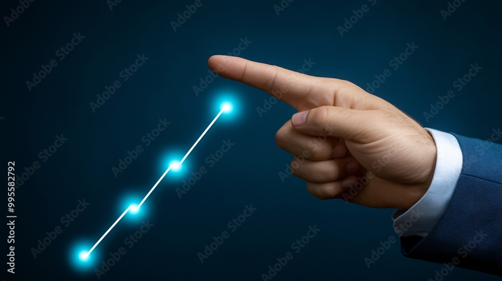 Poster An upward graph with a professional pointing at the highest point symbolizing success in business financial growth and goal achievement Large space for text in center Stock Photo with copy space