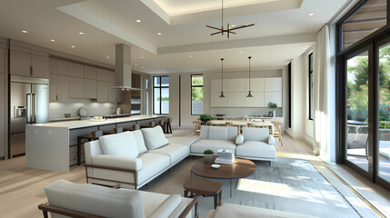 A modern minimalist home interior design with clean lines, sleek furniture, and neutral color palette, featuring an open-concept living space connected to a spacious kitchen, bathed in natural light