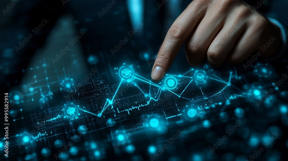 Poster An upward graph with a professional pointing at the highest point symbolizing success in business financial growth and goal achievement Large space for text in center Stock Photo with copy space