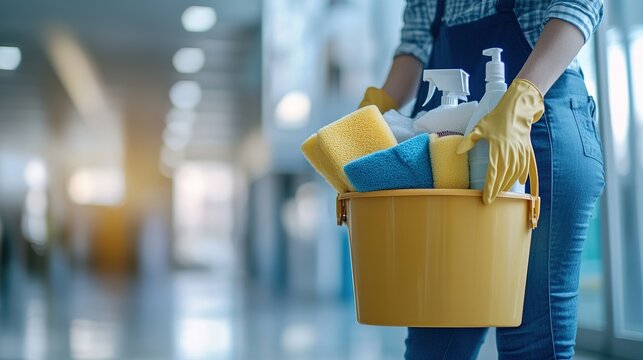 A person holding a yellow bucket filled with cleaning supplies, standing in a spacious, well-lit hallway, ready to undertake cleaning tasks.