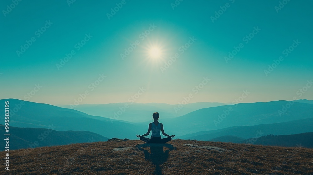 Poster a person practicing yoga on a mountaintop with a clear blue sky symbolizing harmony balance and the 