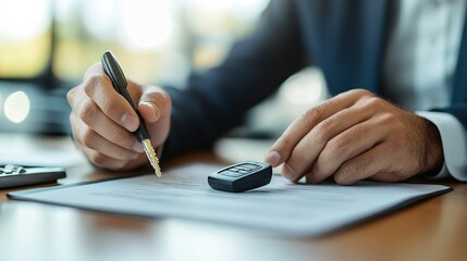 A person writes on paper with a fountain pen while using a calculator, suggesting a focus on finance or accounting tasks.