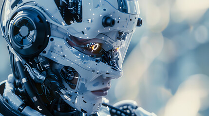 Fototapeta premium Portrait of an android robot, concept of technical support. Neural network AI generated art