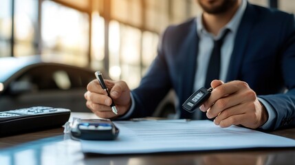 Fototapeta premium A businessman signing papers with car keys and a pen on a desk, indicating a vehicle purchase or agreement at a dealership.