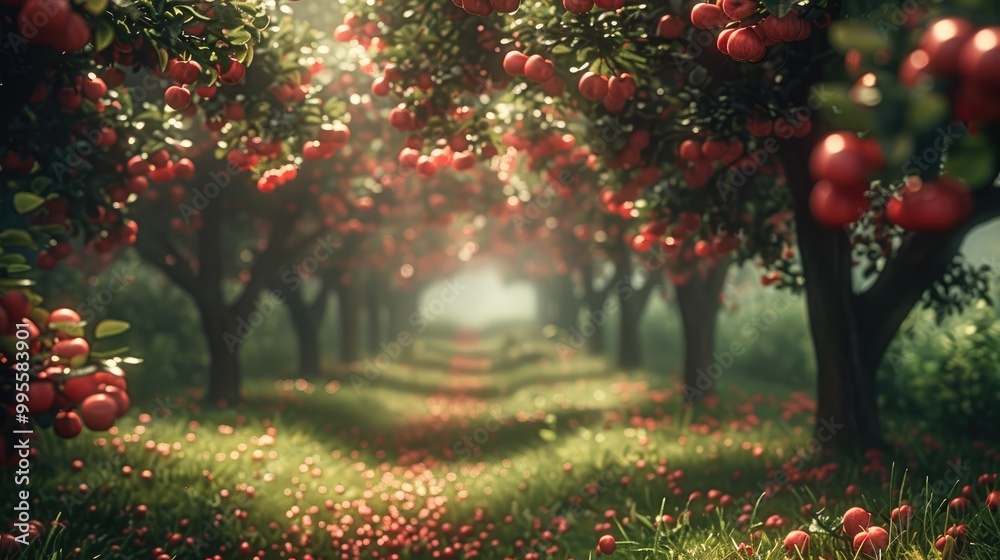 Poster a magical whimsical forest with cherry on the trees and on the floor, short grass on the floor.