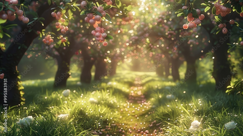 Poster a magical whimsical forest with cherry on the trees and on the floor, short grass on the floor.