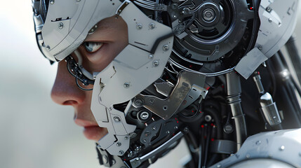 Fototapeta premium Portrait of an android robot, concept of technical support. Neural network AI generated art