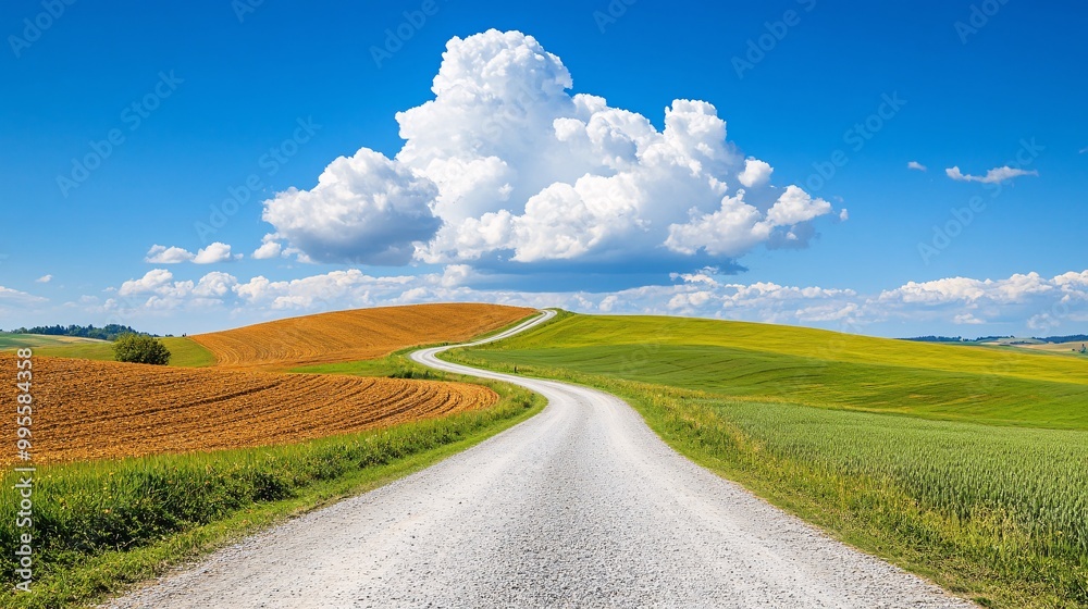 Poster A rural path leading into the distance through fields and hills symbolizing the unknown but exciting path toward future success and achievements Large space for text in center Stock Photo with copy