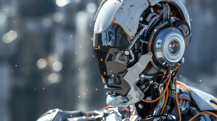 Fototapeta premium Portrait of an android robot, concept of technical support. Neural network AI generated art