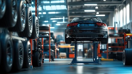 Obraz premium A sleek black car is raised on a lift in a modern workshop, surrounded by stacks of tires and well-organized tools, showcasing an automotive repair environment.