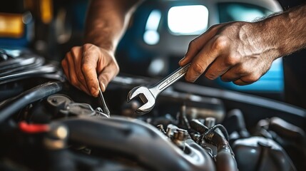 A mechanic uses tools to work on a car's engine, showcasing hands-on repairs and the intricacies of automotive maintenance.