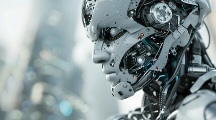 Fototapeta premium Portrait of an android robot, concept of technical support. Neural network AI generated art