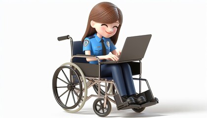 Cartoon Police Woman Working on Laptop in Wheelchair.