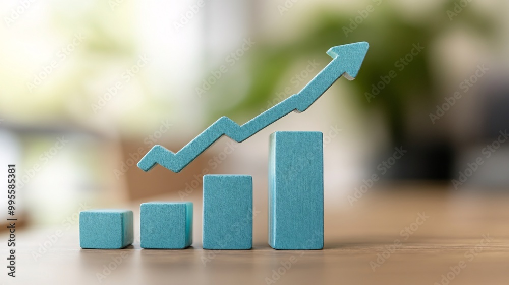 Poster A bar chart showing consistent upward growth with a person analyzing the data symbolizing business success and personal financial achievement Large space for text in center Stock Photo with copy space