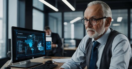 The Data Strategist: A seasoned businessman, his gaze intense, analyzes complex data visualizations on a computer monitor. He's surrounded by colleagues, but his focus is entirely on the task at hand.
