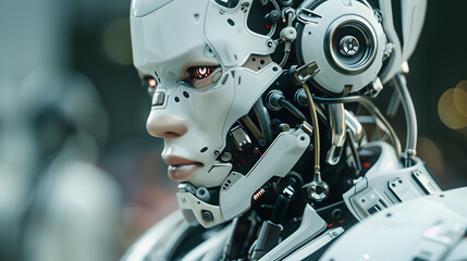 Fototapeta premium Portrait of an android robot, concept of technical support. Neural network AI generated art