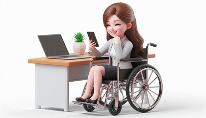 Smiling Cartoon Woman in Wheelchair Using Smartphone at Desk