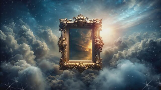 Ornate Gold Frame Floating in a Sky of Clouds