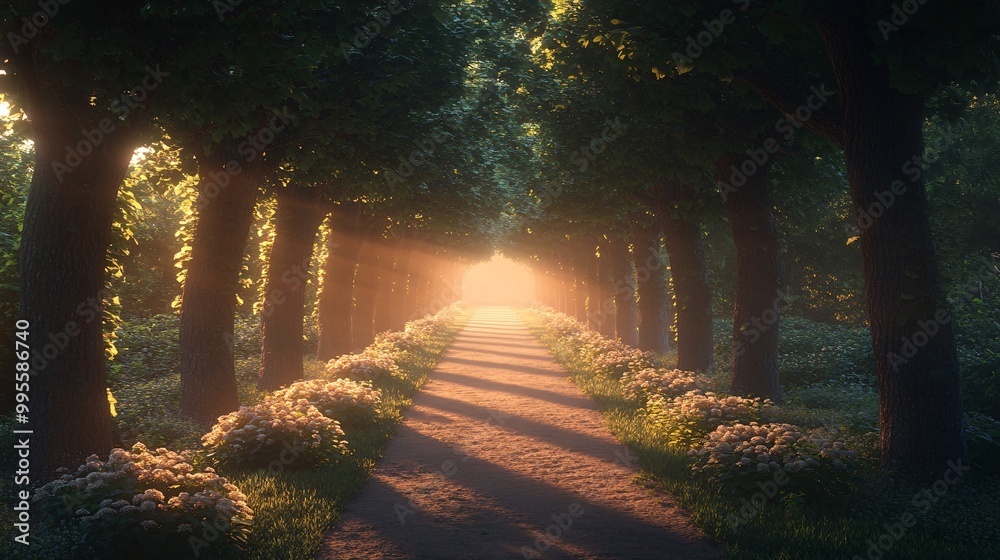 Poster a tree-lined path leading to the horizon symbolizing the journey toward success and the many opportu